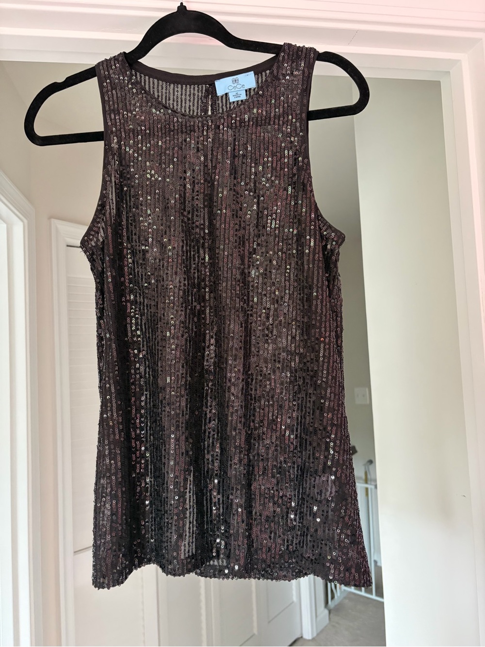 CeCe Womens Dark Brown Sequin Tank Top